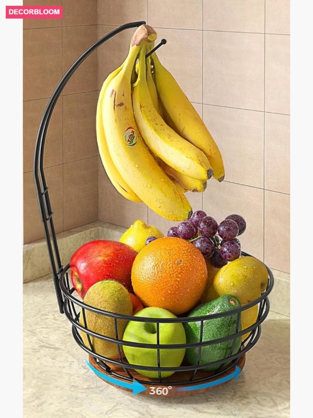 360° Rotating Fruit Basket with Banana Hanger, Metal Wire